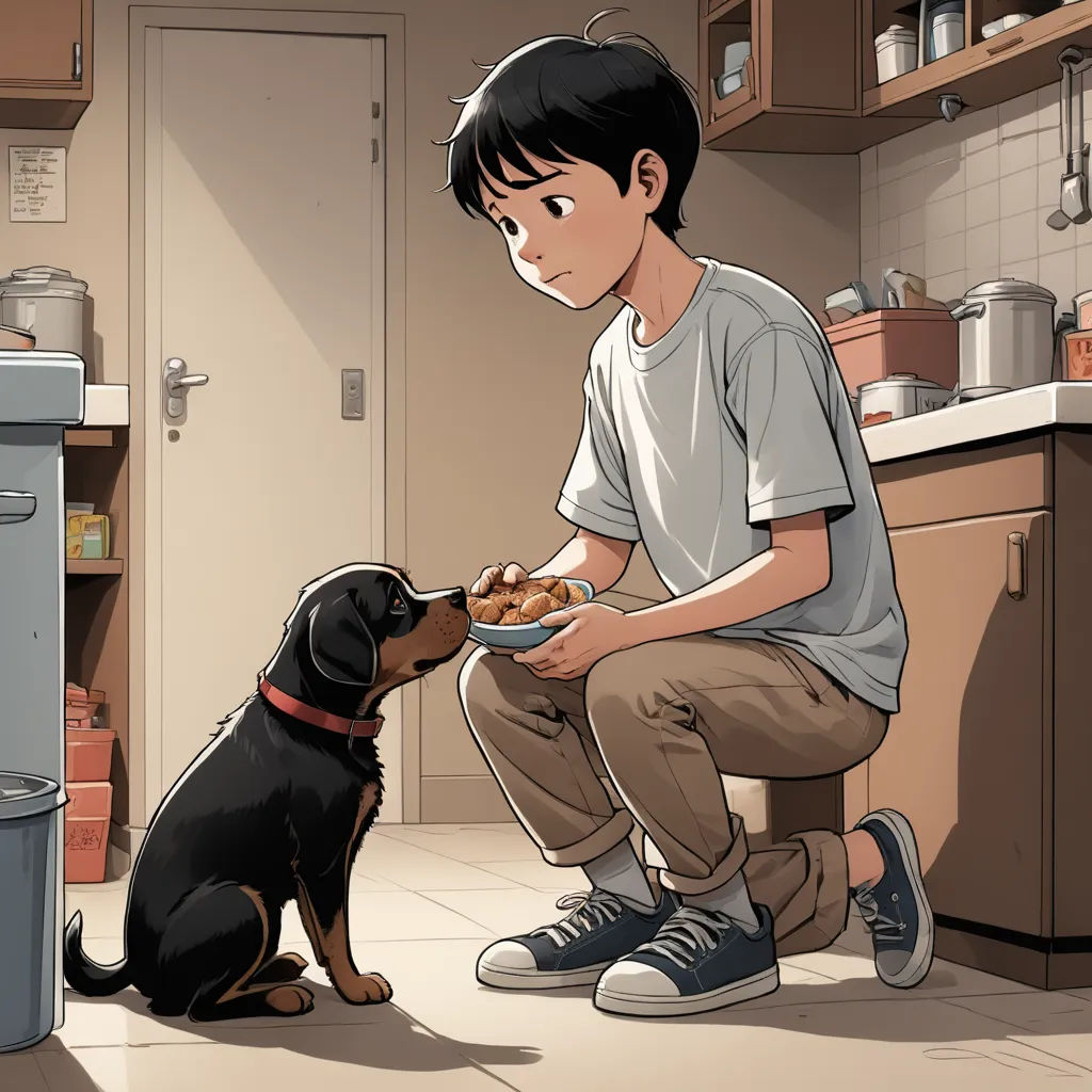 a boy is feeding a dog food in the kitchen with a bowl of food in his hand and a dog looking at him, sots art, a comic book panel, Atey Ghailan, official art