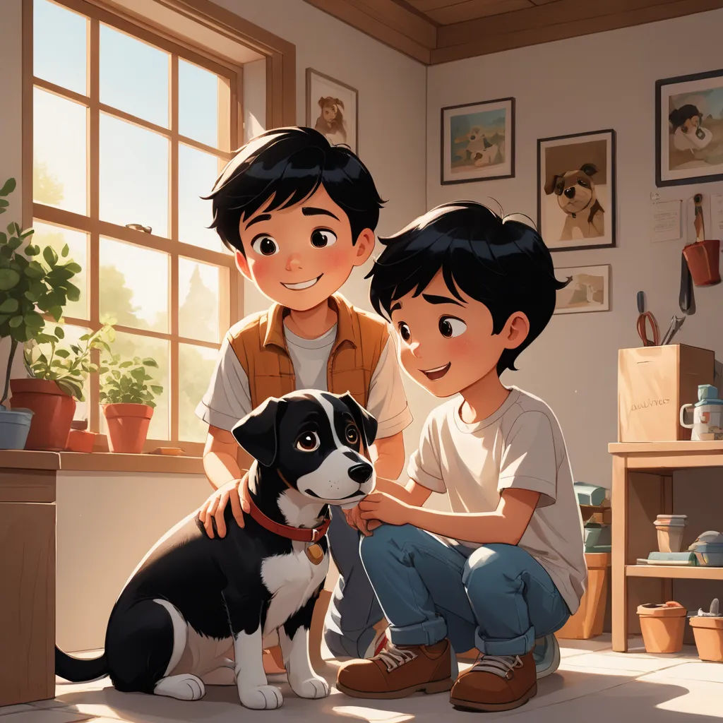 a boy and a boy pet a dog in a room with a window and potted plant on the wall, sots art, a storybook illustration, Diego Gisbert Llorens, official art