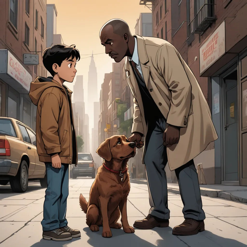 a man and a boy standing on a sidewalk with a dog in front of them and a dog on the ground, american scene painting, a comic book panel, Everett Warner, official art