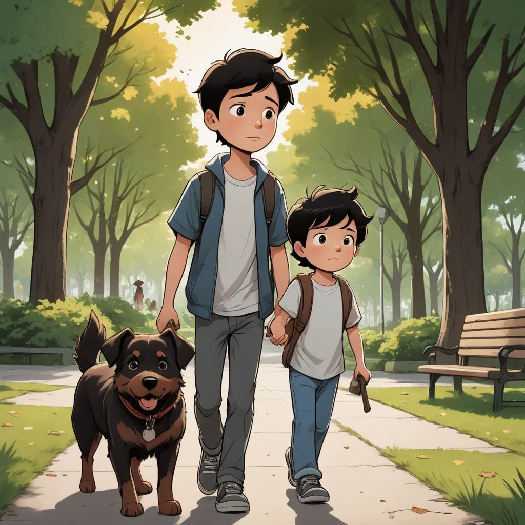 a boy and a boy walking a dog in a park with a bench in the background and trees in the foreground, private press, a comic book panel, Diego Gisbert Llorens, official art