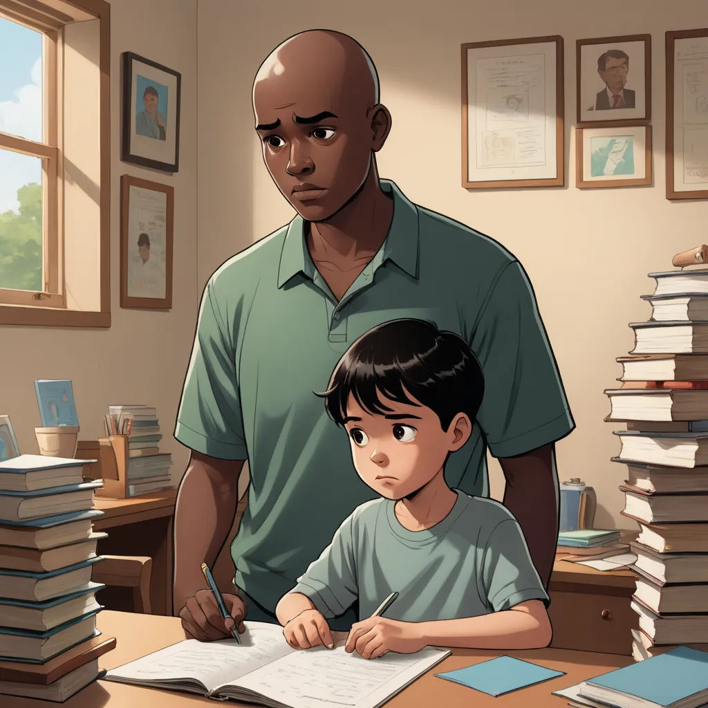 a man and a boy are sitting at a desk with books and papers on it, and a pile of books behind them, academic art, a comic book panel, Aaron Jasinski, graphic novel