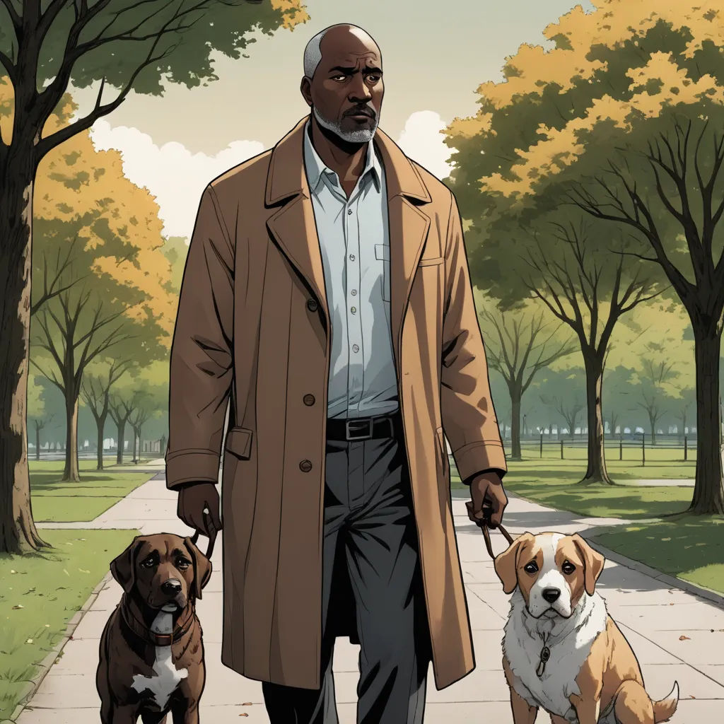 a man walking two dogs down a sidewalk in a park with trees and grass in the background, and a man in a brown coat and white shirt and tan pants, american realism, a comic book panel, Allan Brooks, official art