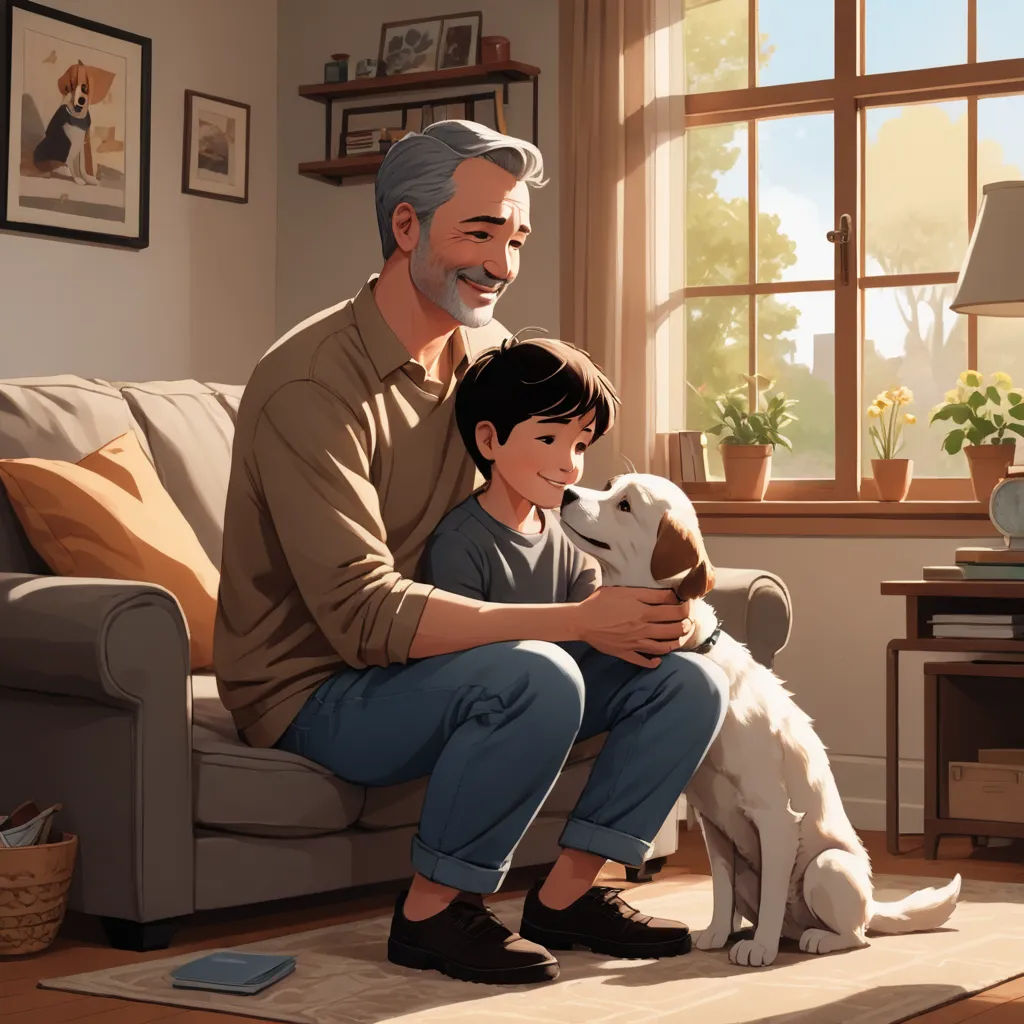 a man and a boy sitting on a couch with a dog in front of them and a dog on the floor, american scene painting, a storybook illustration, Cliff Childs, storybook illustration