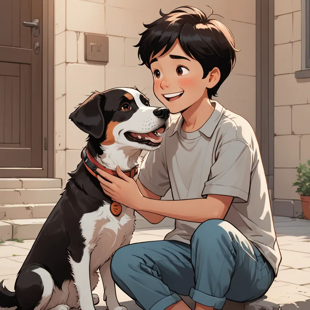 a boy sitting on the ground with a dog in front of him and a house in the background with a door, furry art, a comic book panel, Diego Gisbert Llorens, cushart krenz