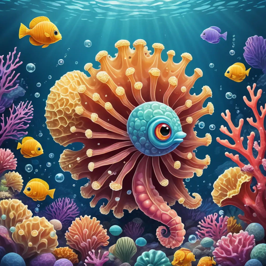 a colorful underwater scene with a sea urchin and fish illustration in a cartoon style illustration by klare, psychedelic art, a detailed painting, Chris LaBrooy, highly detailed digital painting