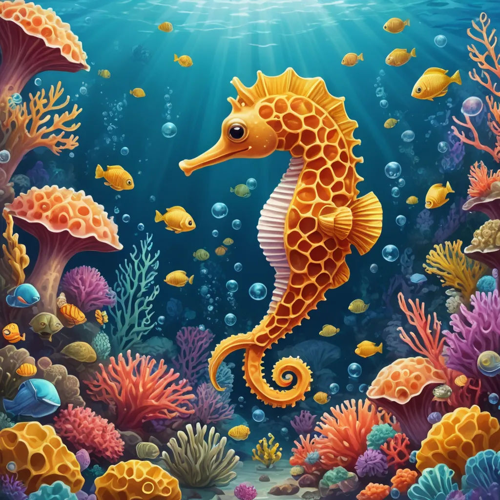a painting of a sea horse in the ocean with corals and other sea life around it, under the water, fantasy art, a pointillism painting, Chris LaBrooy, highly detailed digital painting