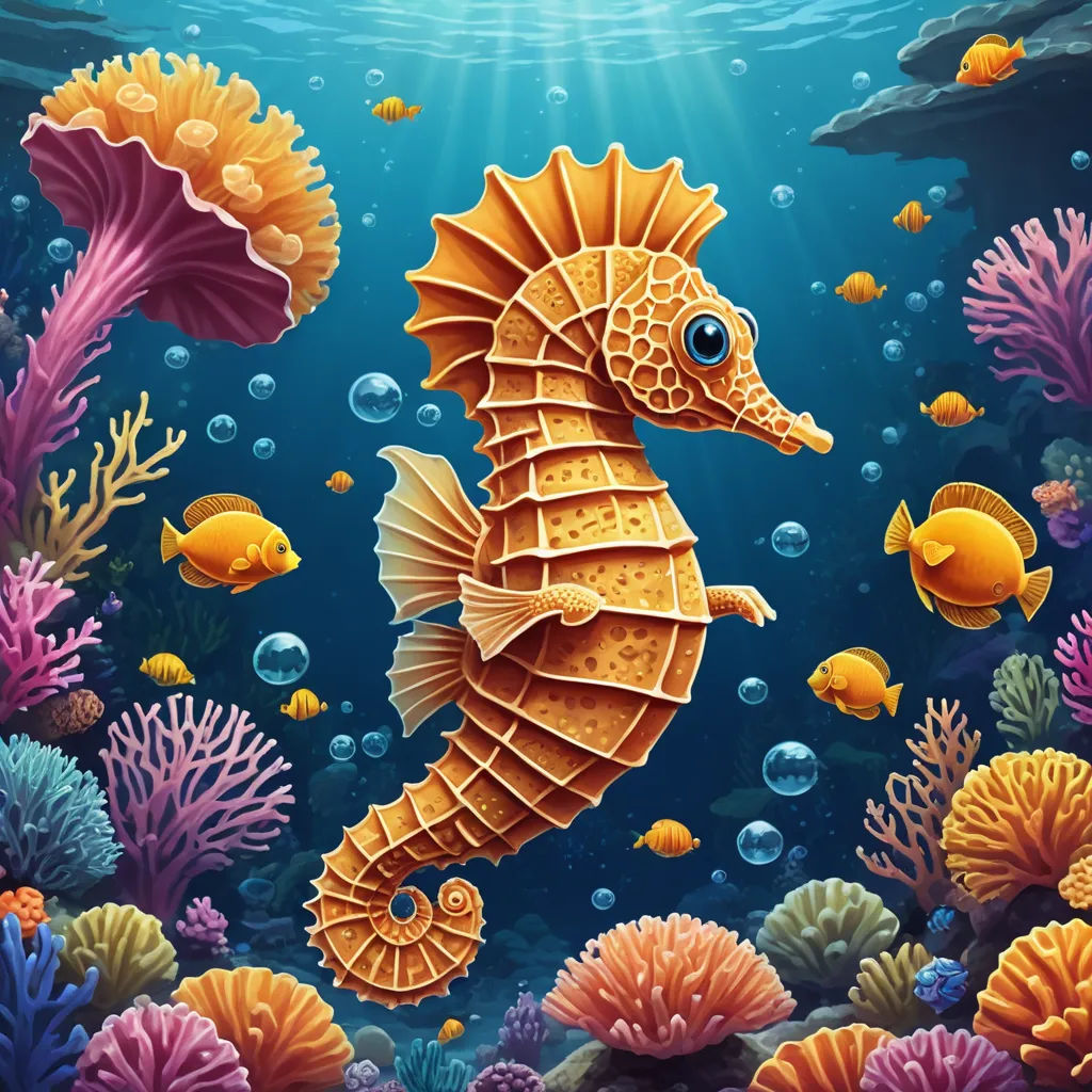 a seahorse is swimming in the ocean with many colorful corals and fish around it, and a sunbeam is shining, fantasy art, a detailed painting, Chris LaBrooy, highly detailed digital painting