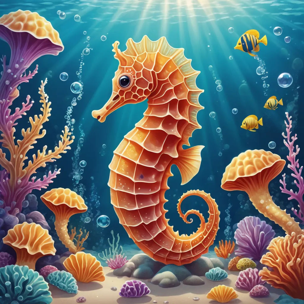 a sea horse is standing in the ocean with corals and other sea life around it, under the water, fantasy art, a detailed painting, Chris LaBrooy, highly detailed digital painting
