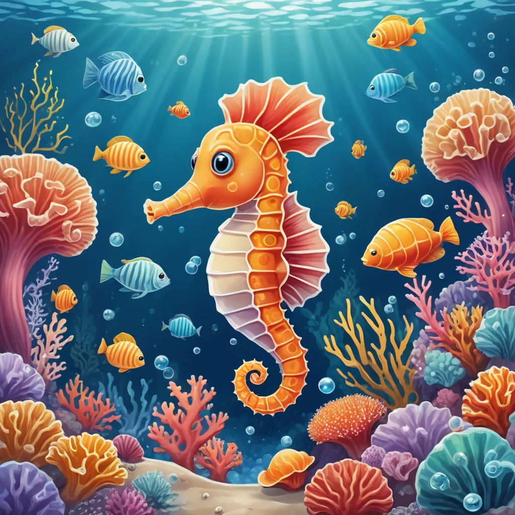 a sea horse is swimming in the ocean with many fish and corals around it illustration by alex krawc, pop surrealism, a storybook illustration, Chris LaBrooy, highly detailed digital painting