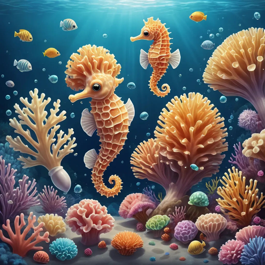 a painting of a sea horse and sea corals under water with bubbles and bubbles on the bottom of the water, fantasy art, a detailed painting, Chris LaBrooy, highly detailed digital painting