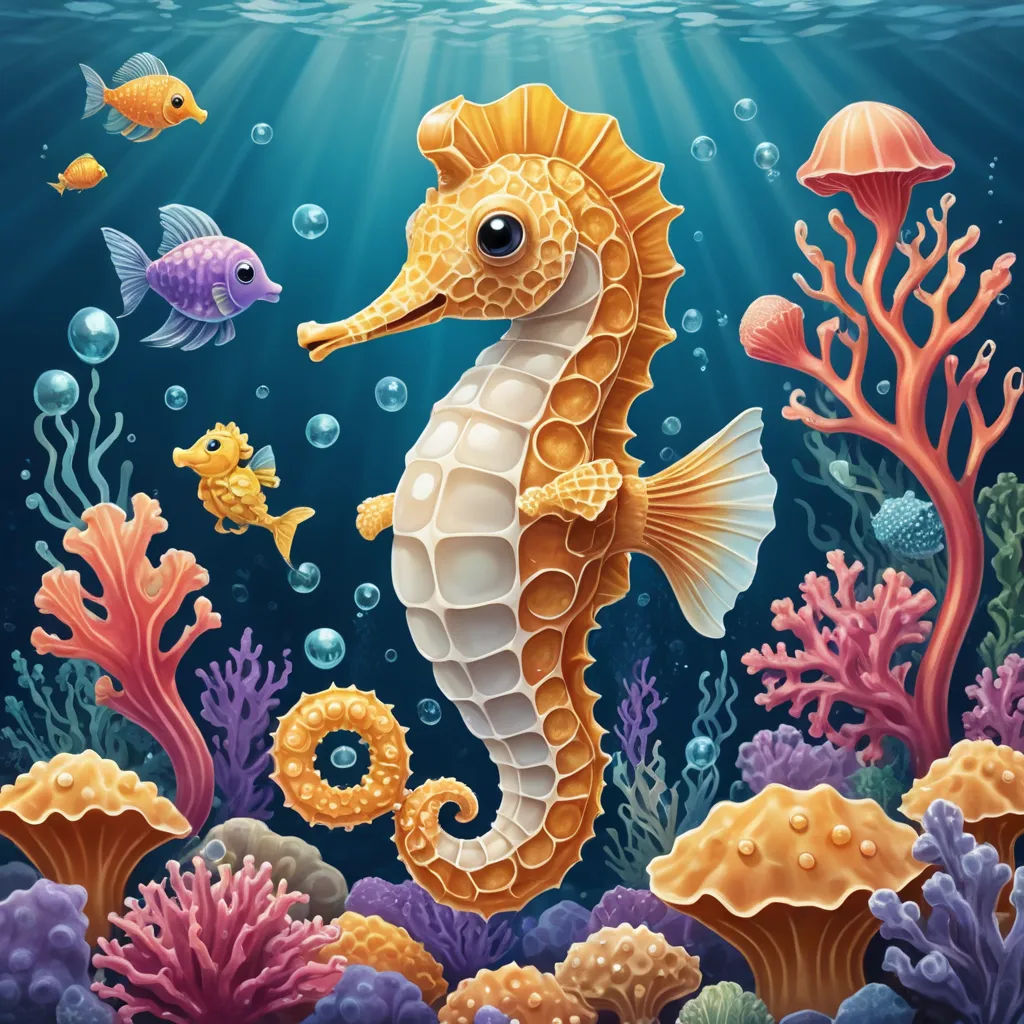 a sea horse is standing on the bottom of the ocean floor with corals and other marine life around it, pop surrealism, a pointillism painting, Chris LaBrooy, highly detailed digital painting