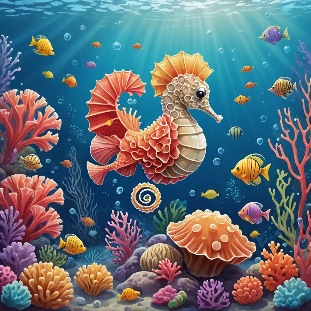 a seahorse is swimming in the ocean with corals and other marine life around it illustration by john w johnson, pop surrealism, a detailed painting, Chris LaBrooy, highly detailed digital painting