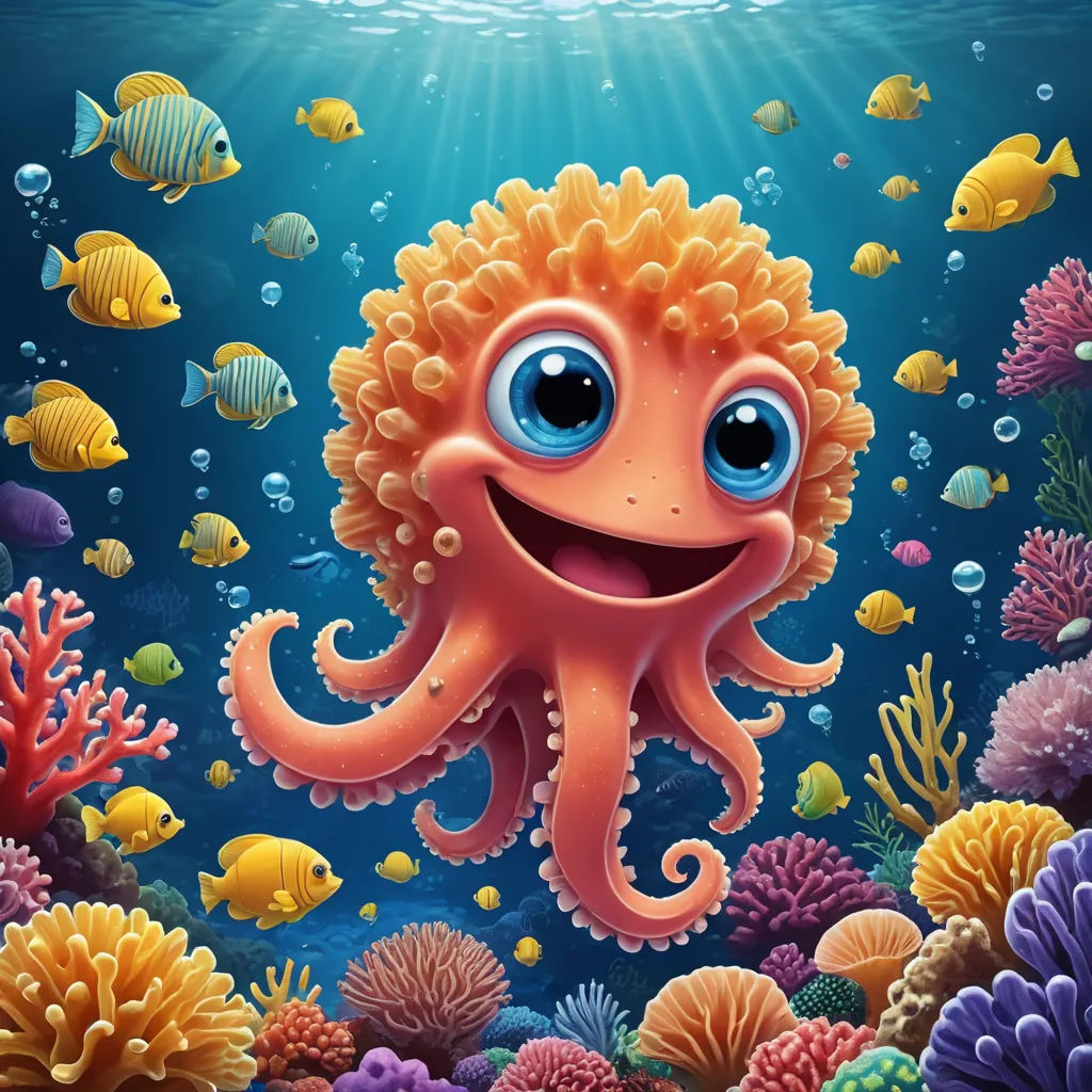 a cartoon octopus with big eyes swimming in the ocean with corals and fish around it illustration by john wyschelk, pop surrealism, an ambient occlusion render, Chris LaBrooy, highly detailed digital painting