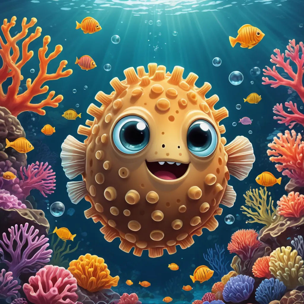 a cartoon puffer fish with big eyes and a smile on its face in the ocean with corals and other fish, pop surrealism, computer graphics, Chris LaBrooy, highly detailed digital painting