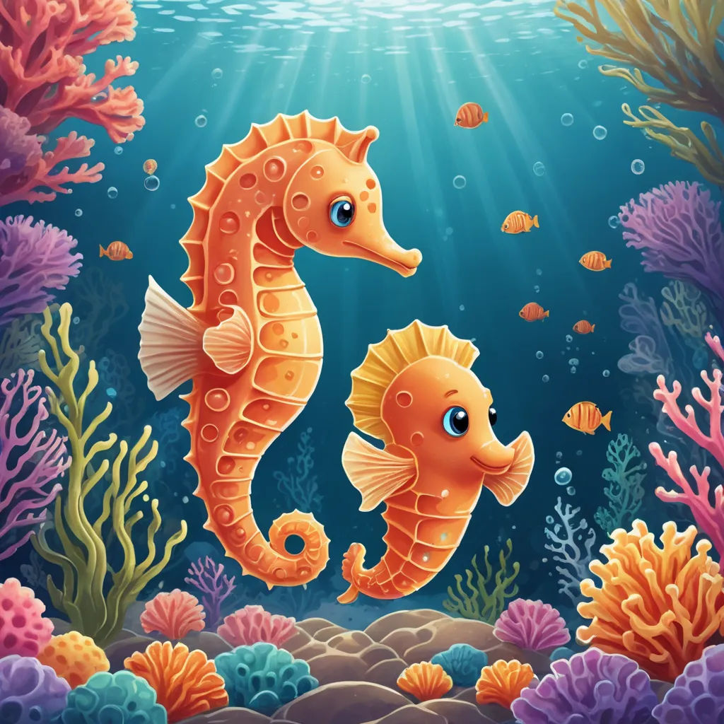 a sea horse and a seahorse swimming in the ocean with corals and other sea life around it, pop surrealism, a storybook illustration, Chris LaBrooy, highly detailed digital painting