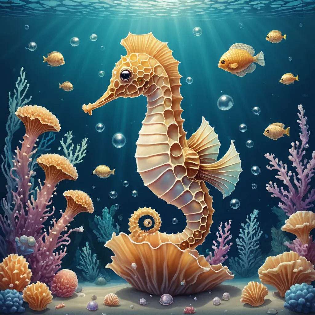 a seahorse is standing on the bottom of a coral reef with fish and corals around it, under the water, fantasy art, a detailed painting, Chris LaBrooy, highly detailed digital painting
