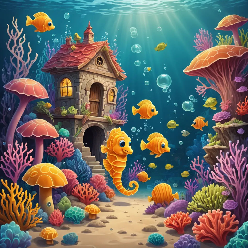 a underwater scene with a house and sea animals illustration for children illustration of a house and sea animals illustration, fantasy art, a storybook illustration, Chris LaBrooy, highly detailed digital painting