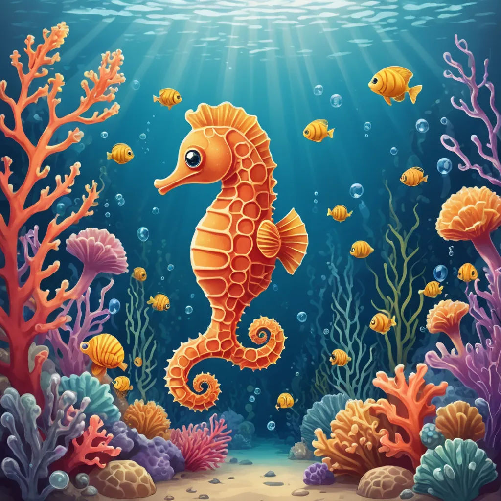 a seahorse under the water surrounded by corals and other marine life illustration by alex krawc, pop surrealism, a storybook illustration, Chris LaBrooy, highly detailed digital painting