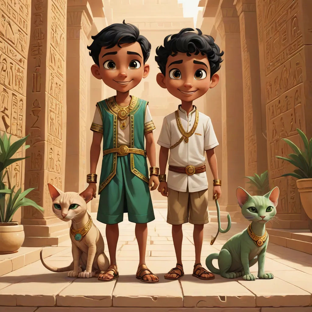 a boy and a girl standing next to a cat and a cat sitting on a stone floor in front of a building, sots art, egyptian art, Diego Gisbert Llorens, promotional image