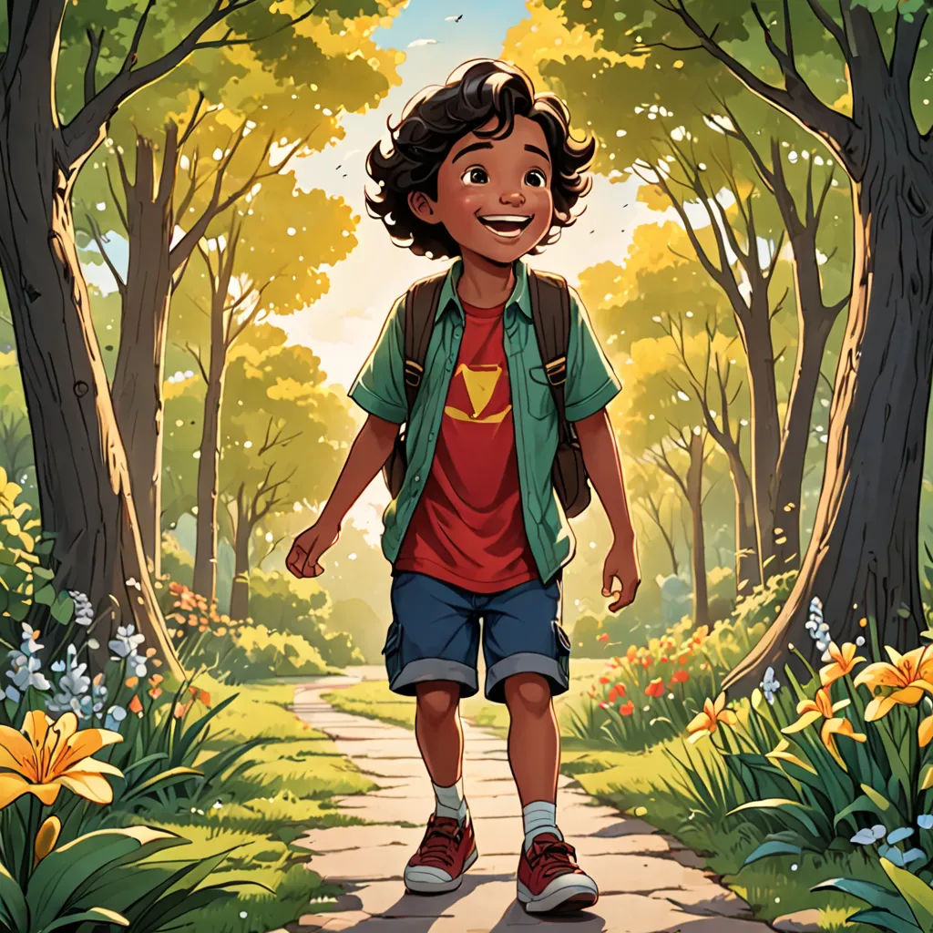 a boy walking down a path in a forest with flowers and trees around him and a backpack on his back, process art, a storybook illustration, Chris LaBrooy, rossdraws global illumination
