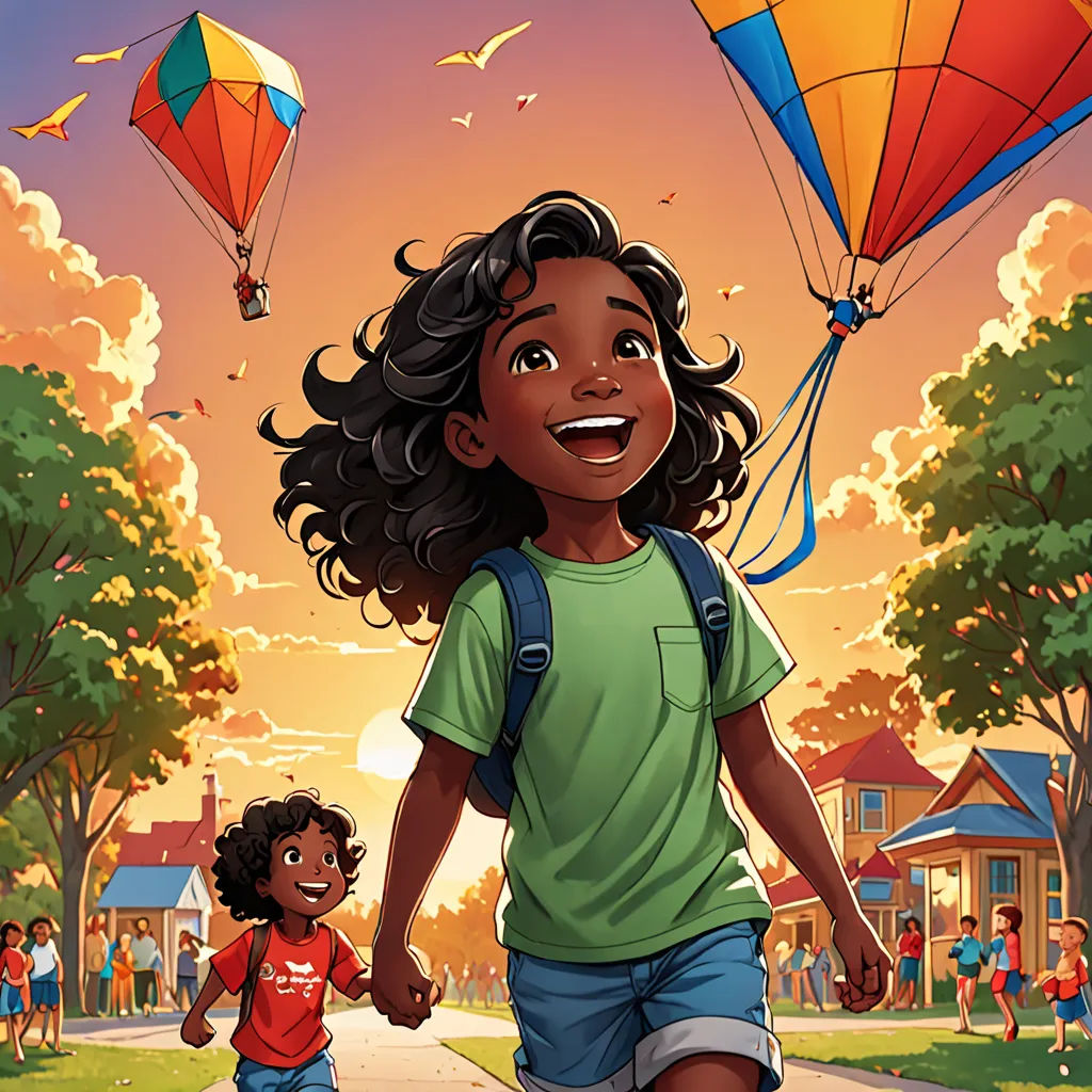 a young girl is running with a kite in the air above her head and a boy is running behind her, american scene painting, a storybook illustration, Cliff Childs, comic cover art