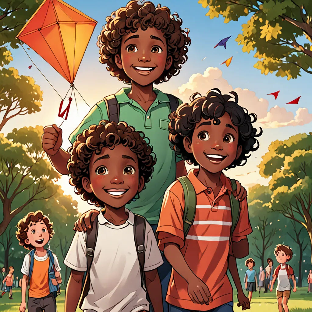 a man and two children are flying a kite in the park together, while others are walking around the park, rayonism, a storybook illustration, Aaron Jasinski, comic cover art