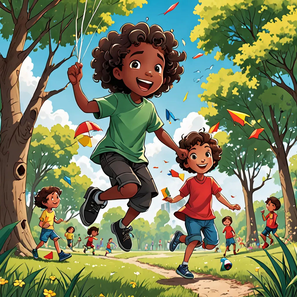 a cartoon of a boy and girl running in the park with kites in the air and other children running around, serial art, a storybook illustration, Diego Gisbert Llorens, book cover