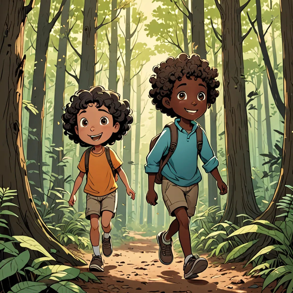 two children walking in the woods with backpacks on their backs and a backpack on their back, with trees and leaves in the background, serial art, a comic book panel, Asaf Hanuka, official art