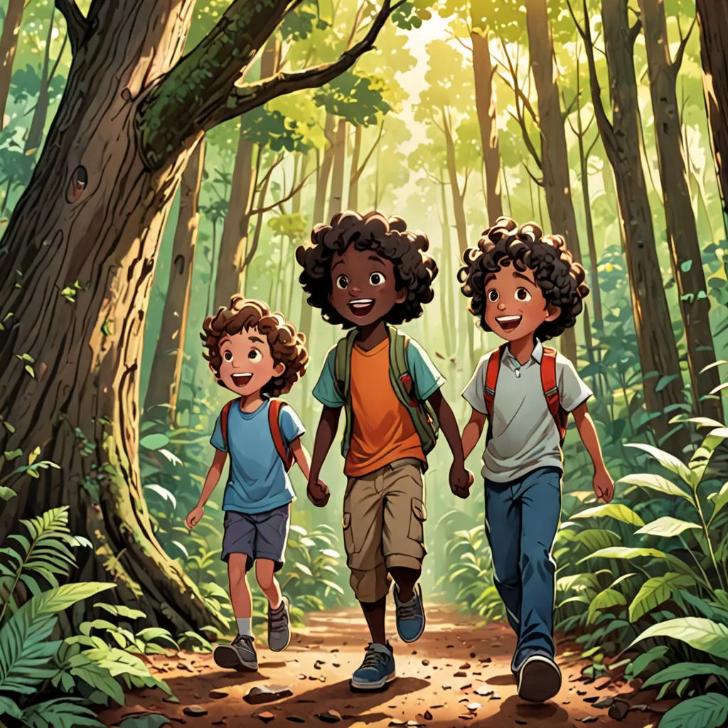 three children walking in the woods together on a trail with a backpack on their shoulders and a backpack on their shoulder, process art, a storybook illustration, Diego Gisbert Llorens, official art