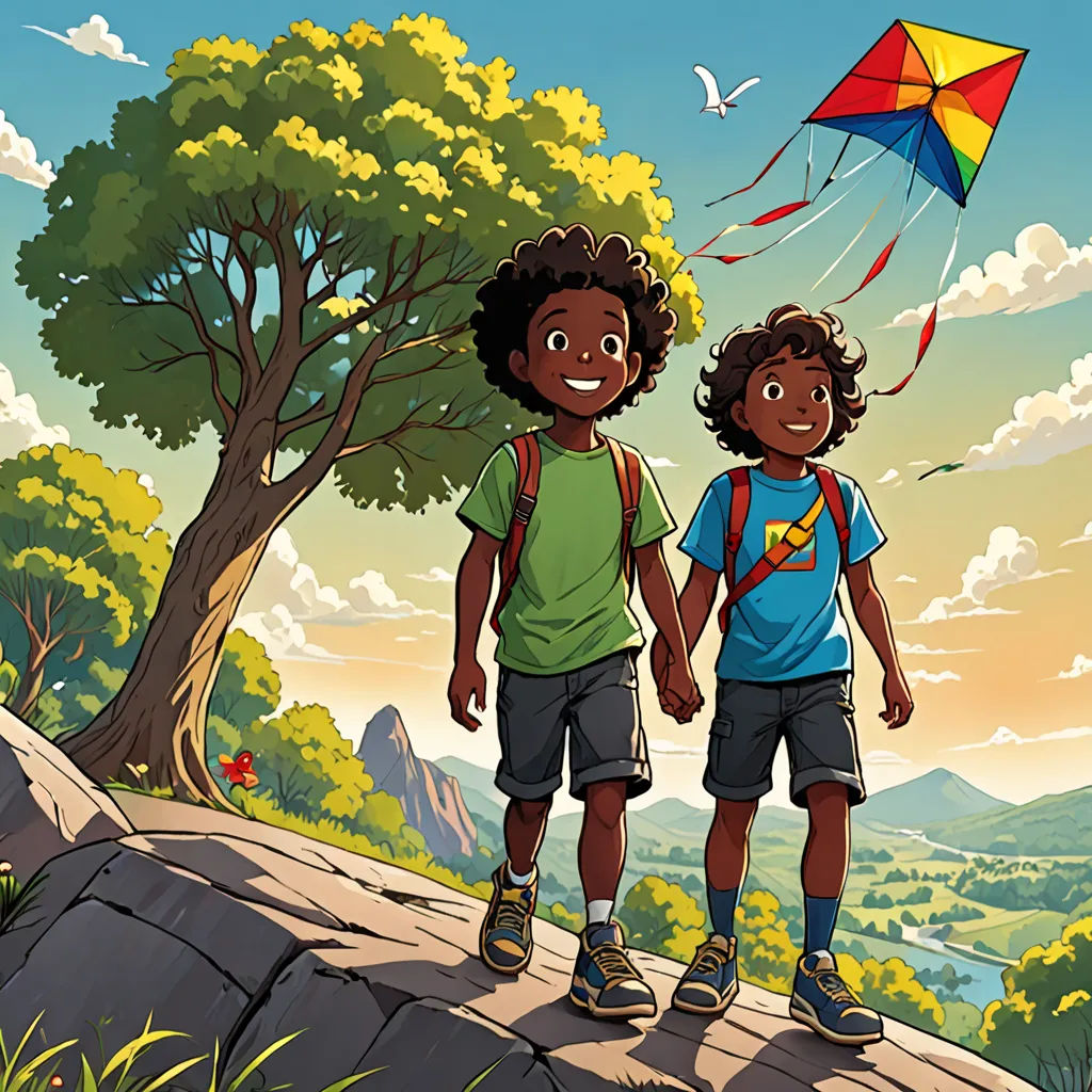 two children are standing on a hill with a kite in the sky above them and a bird flying above them, afrofuturism, a storybook illustration, Cliff Childs, official art