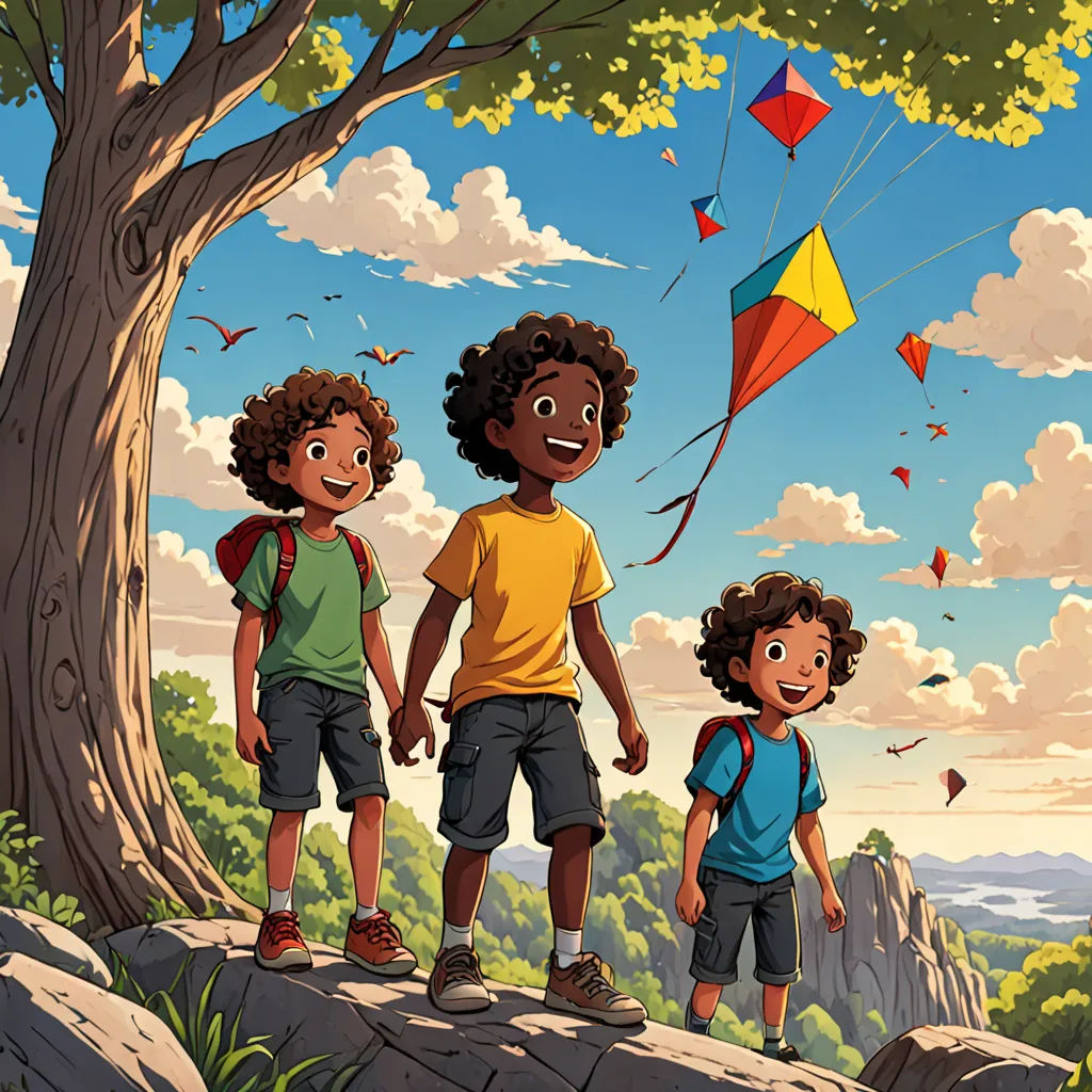 three children standing on a rock with a kite in the sky above them and a tree in the foreground, lyco art, a storybook illustration, Aaron Jasinski, official art