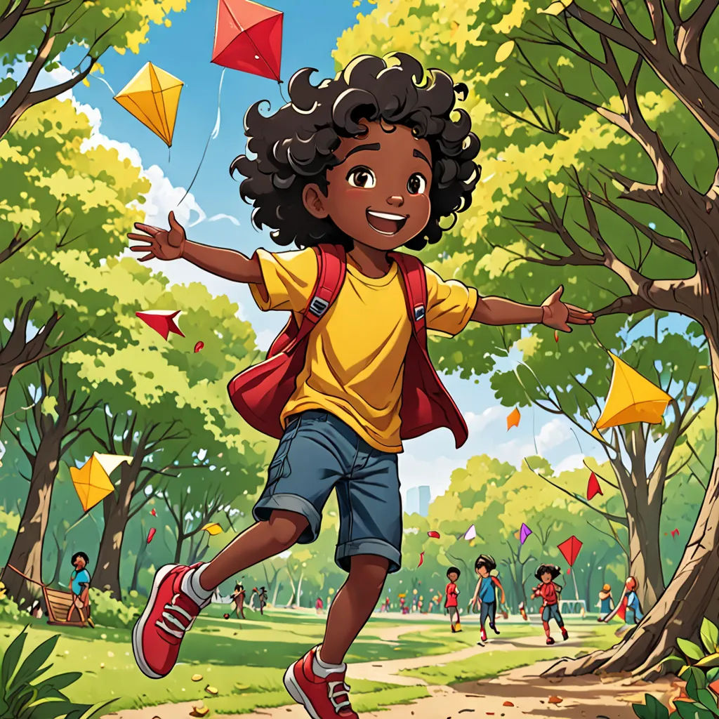 a young boy is running through a park with kites in the air and people flying around him on a sunny day, magical realism, a storybook illustration, Chris LaBrooy, book cover