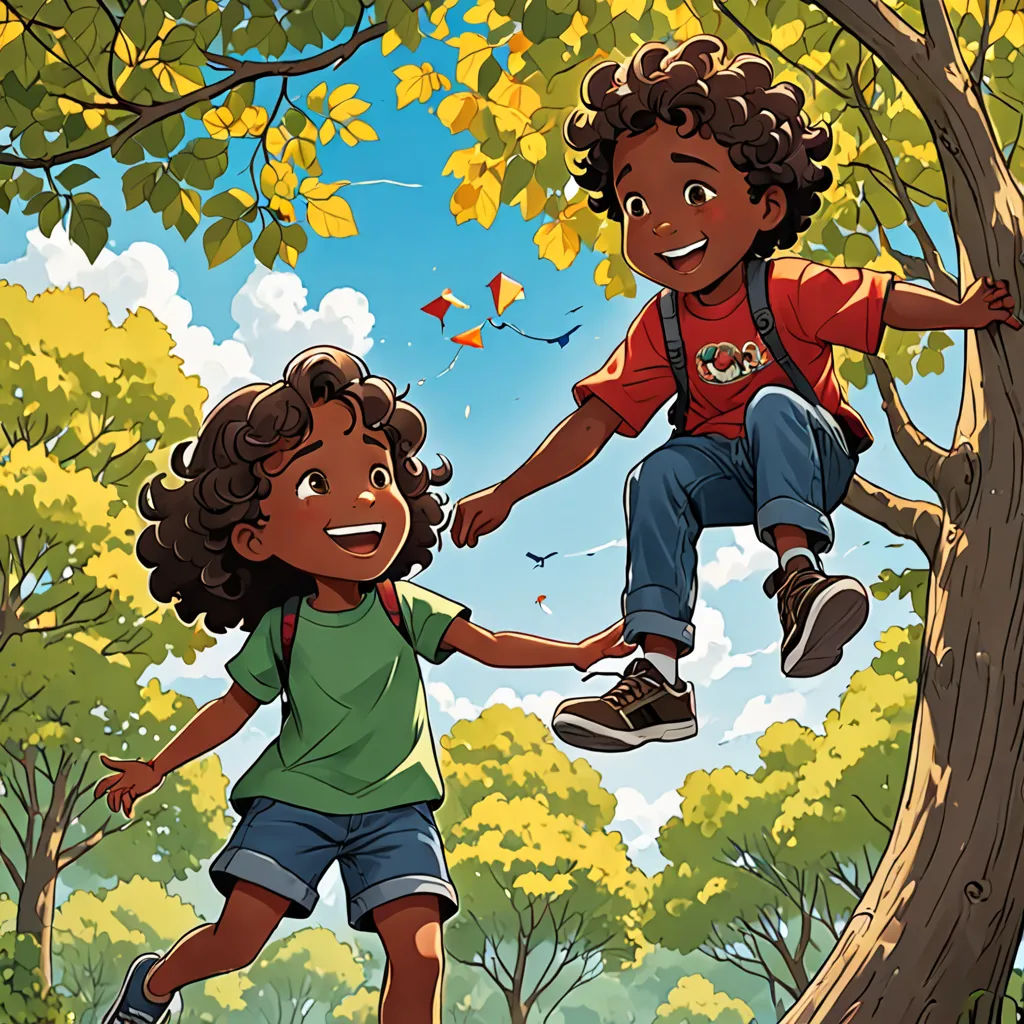 a boy and a girl are climbing a tree together in the park, one of them is holding the other's hand, process art, a storybook illustration, Aaron Jasinski, comic cover art
