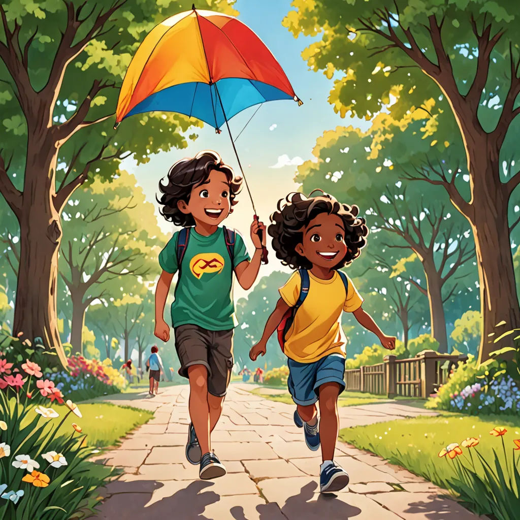 two children running down a path with an umbrella in hand and a dog in the other hand, in the background is a park, american scene painting, a storybook illustration, Brothers Hildebrandt, official art