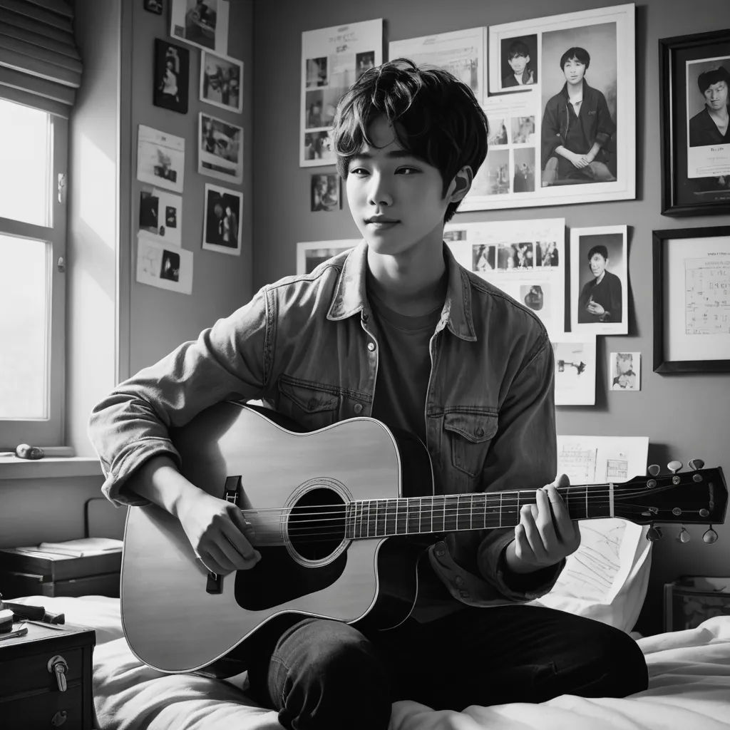 a man sitting on a bed holding a guitar in his hands and looking at the camera with a smile, aestheticism, a black and white photo, David Park, handsome