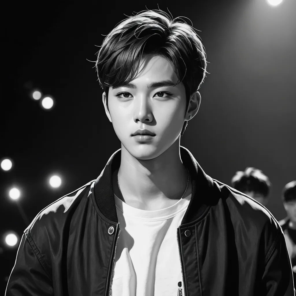 a man in a black jacket and white shirt standing in front of a stage with lights on it and a black and white background, aestheticism, a photocopy, David Park, handsome