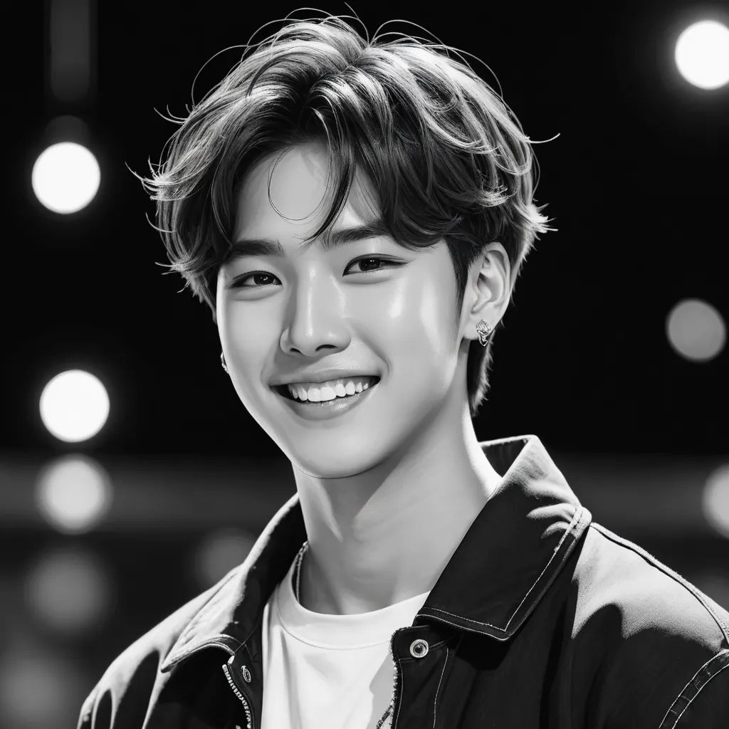 a man with a smile on his face and a black and white background with lights in the background and a black and white photo of him, hyperrealism, a photorealistic painting, Du Jin, ultra realistic digital art