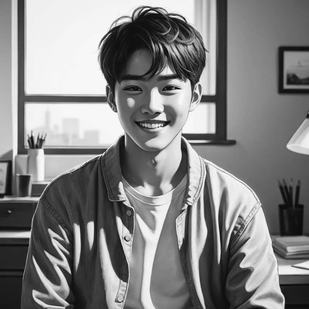 a man sitting in front of a desk with a lamp on it's side and a window behind him, hyperrealism, a photorealistic painting, David Park, ultra realistic digital art