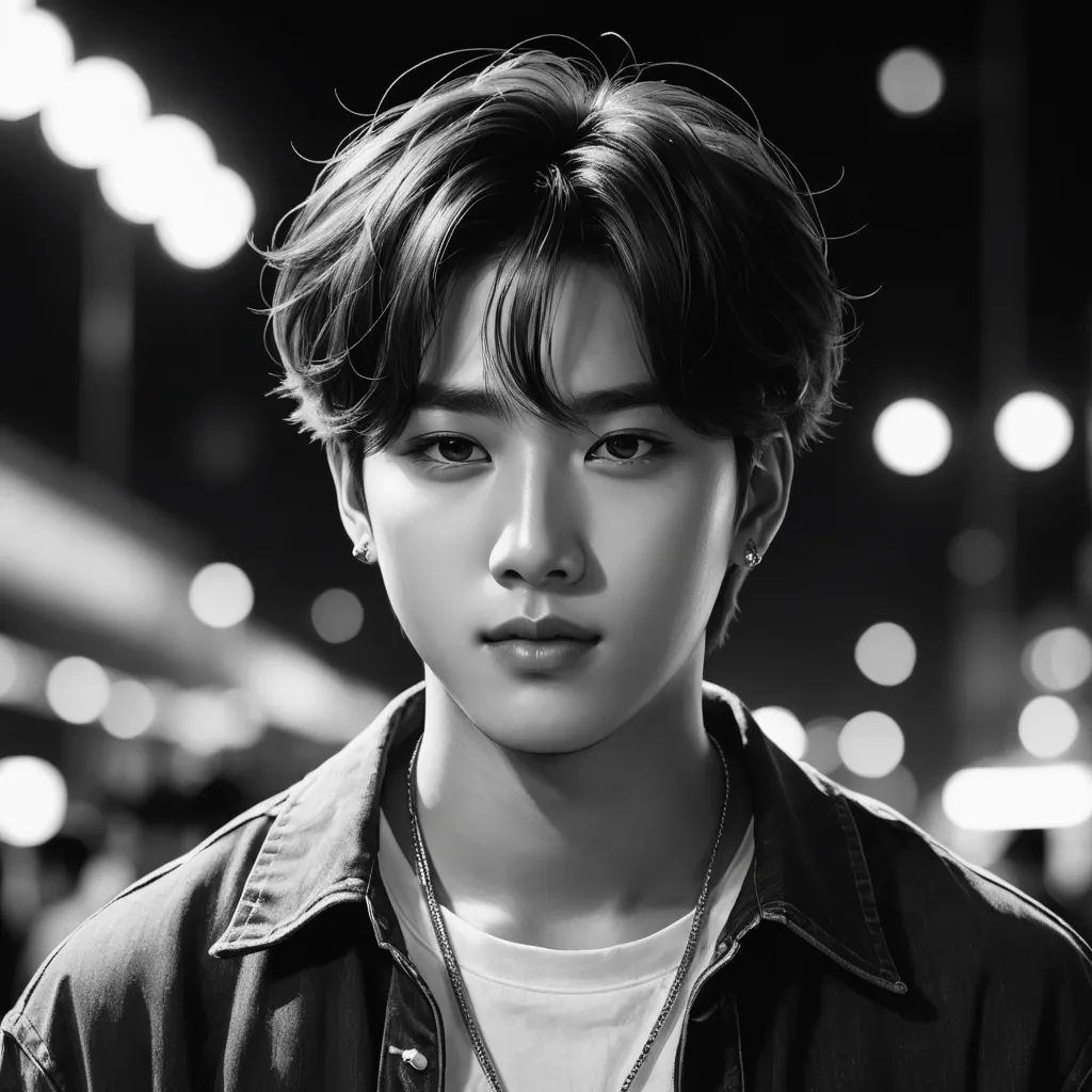 a man with a necklace on his neck looking at the camera with a blurry background of lights in the background, hyperrealism, a photorealistic painting, Chen Lu, photorealistic portrait