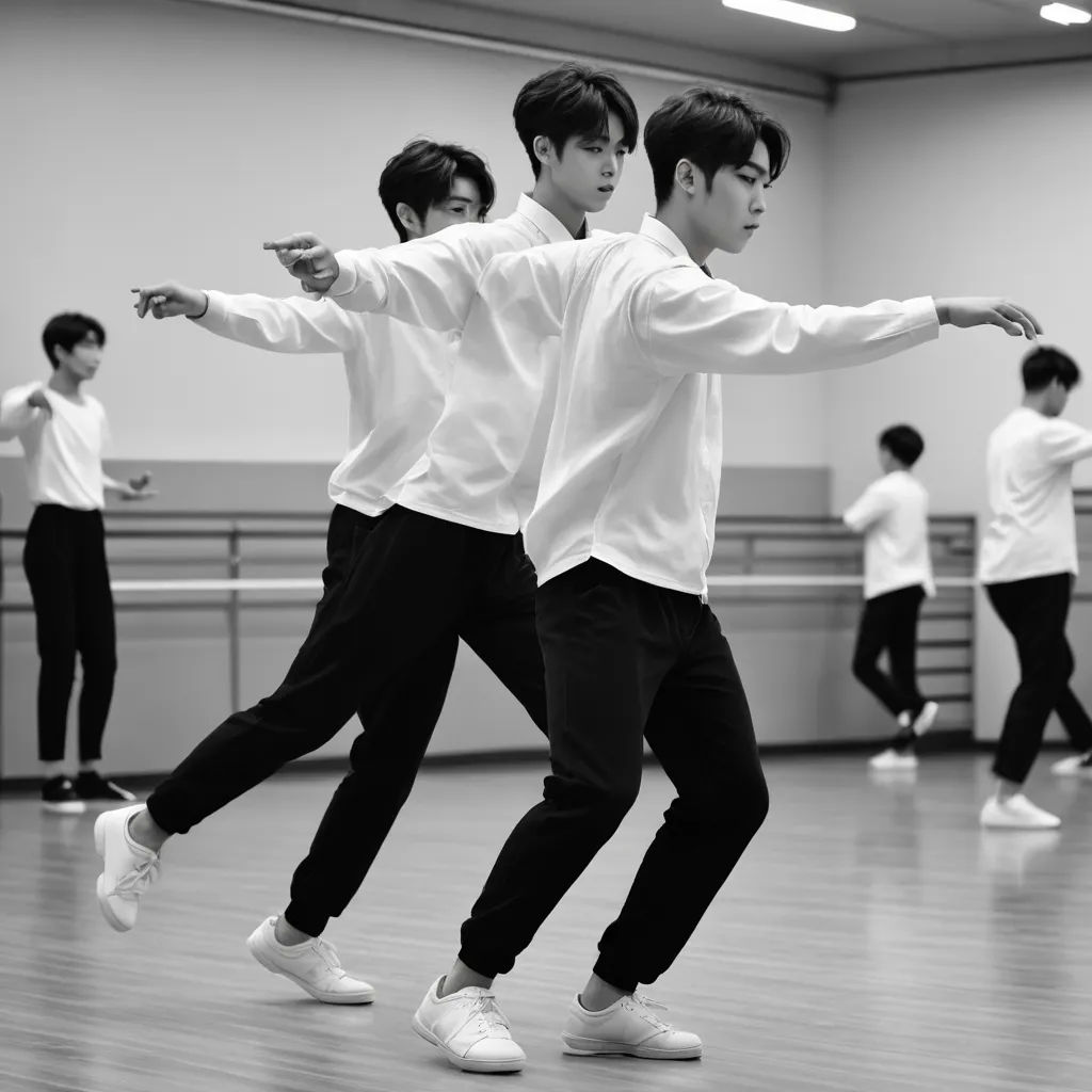 a group of young men standing on top of a wooden floor in a dance studio, with one man holding his arms out, aestheticism, a photocopy, Bian Jingzhao, dynamic pose