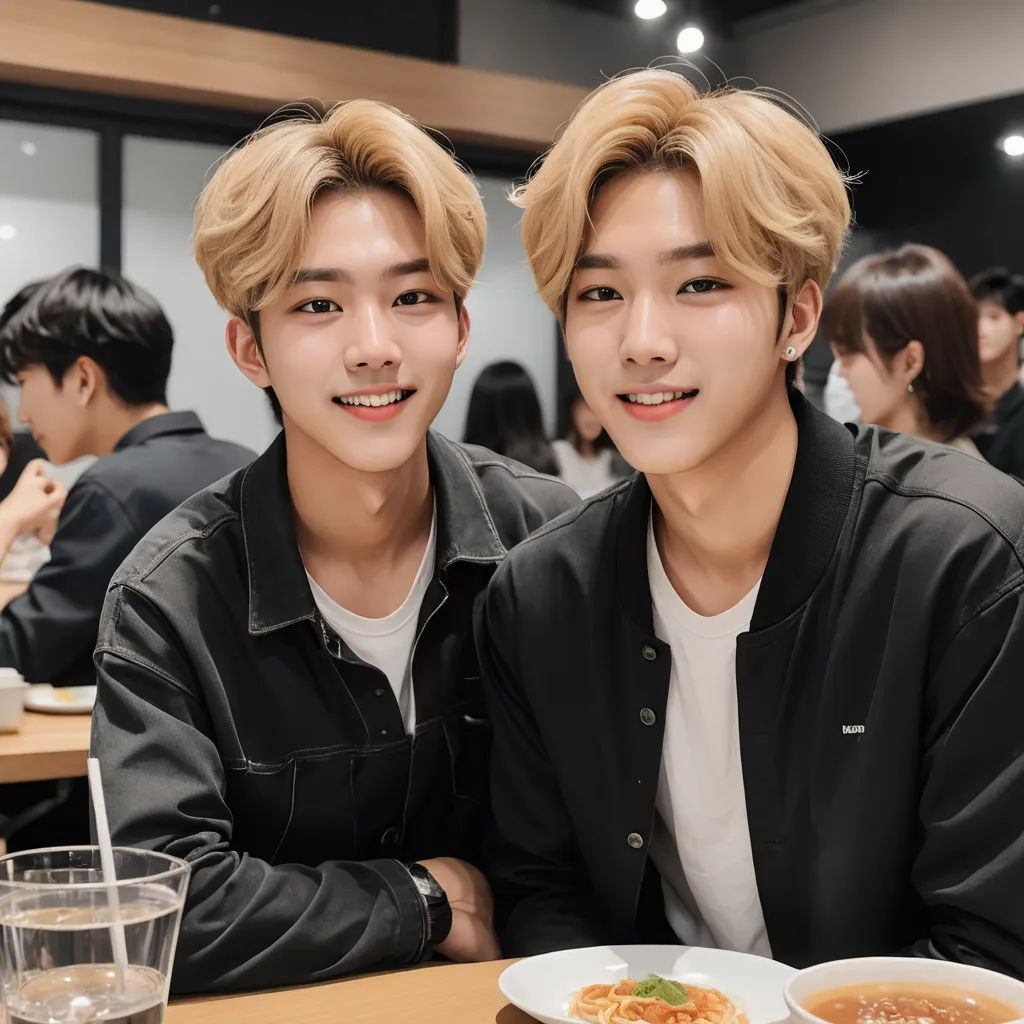 two young men sitting at a table with food and drinks in front of them, one of them is smiling, les nabis, a photocopy, Brian Fies, symmetrical facial features