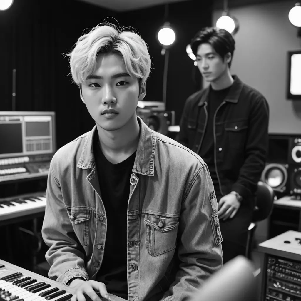 two men in a recording studio with a keyboard and sound equipment behind them, one of them is looking at the camera, aestheticism, a photocopy, An Gyeon, monochrome