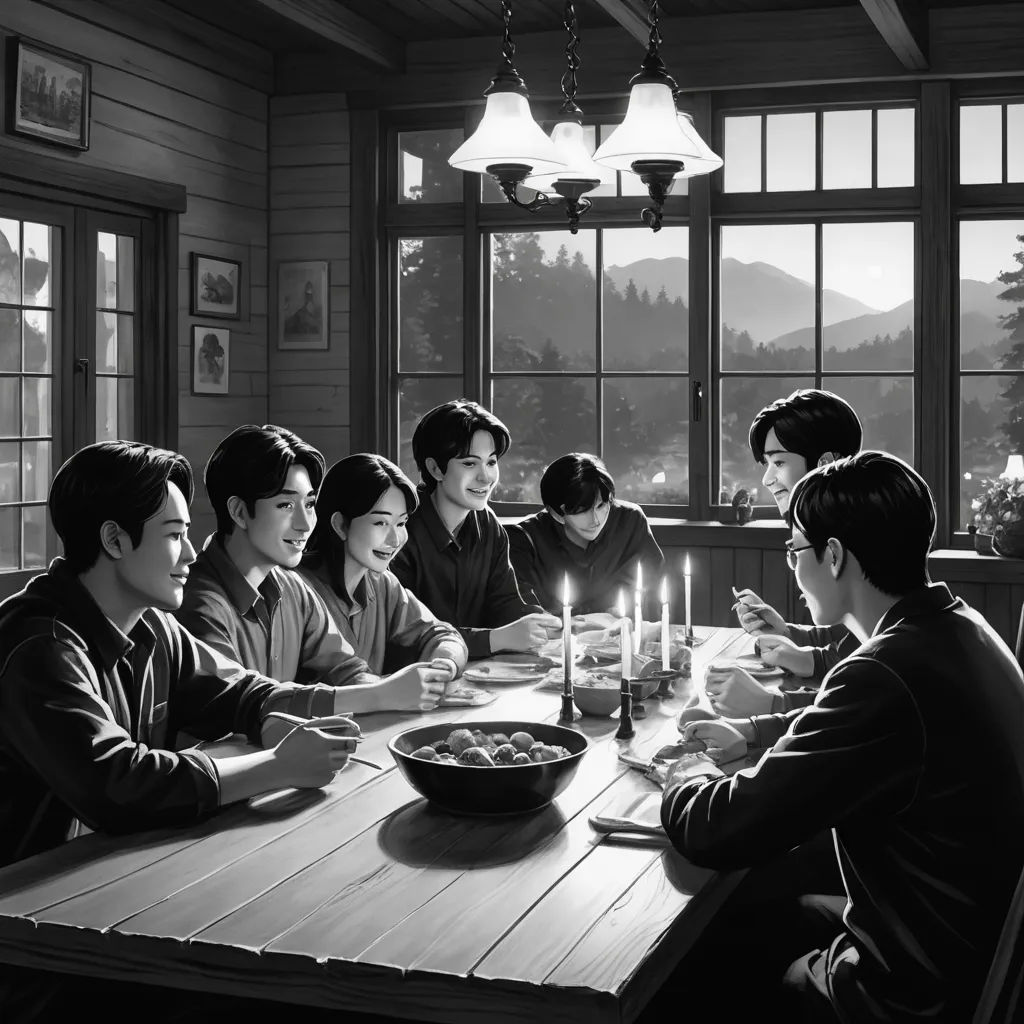 a group of people sitting around a table with a cake on it and candles in the middle of the table, american scene painting, a storybook illustration, David Park, official art