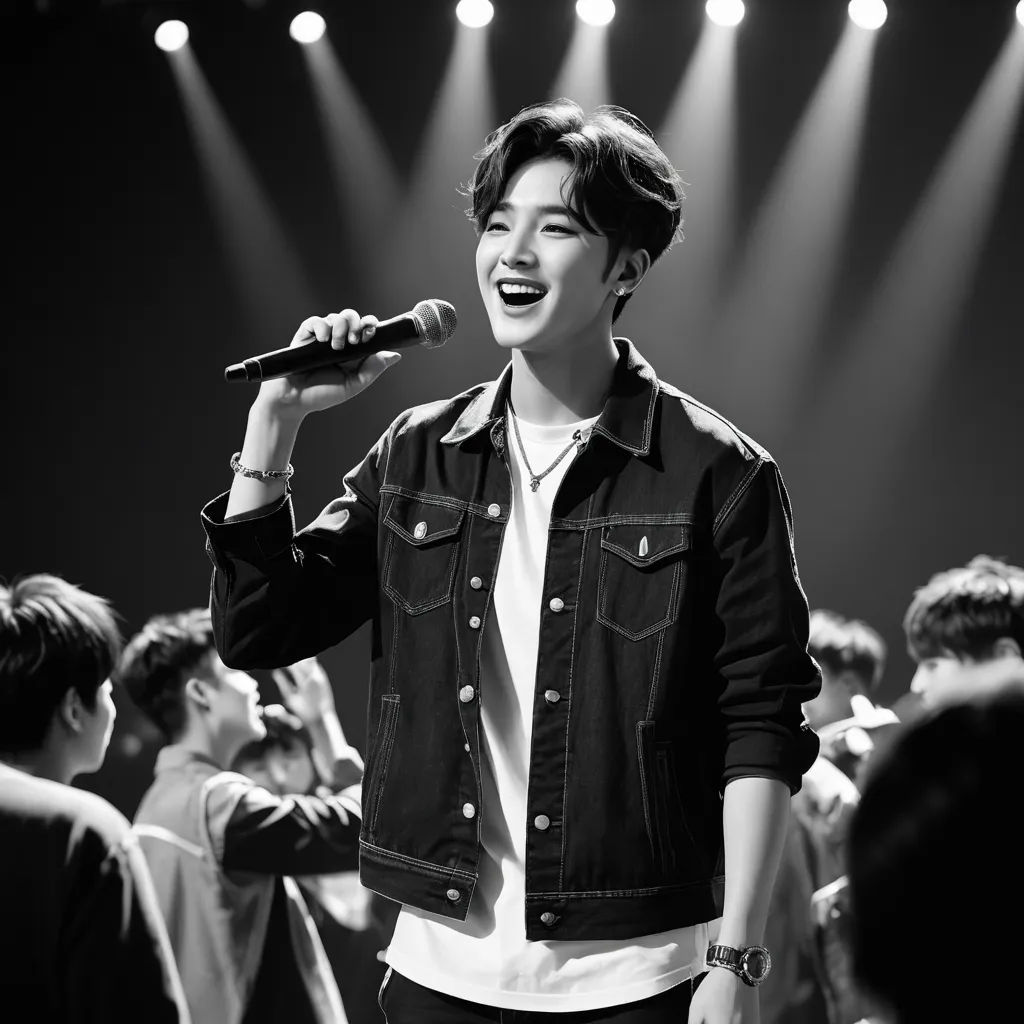 a man standing on a stage holding a microphone in his hand and singing into a microphone with a crowd behind him, aestheticism, a black and white photo, David Park, handsome