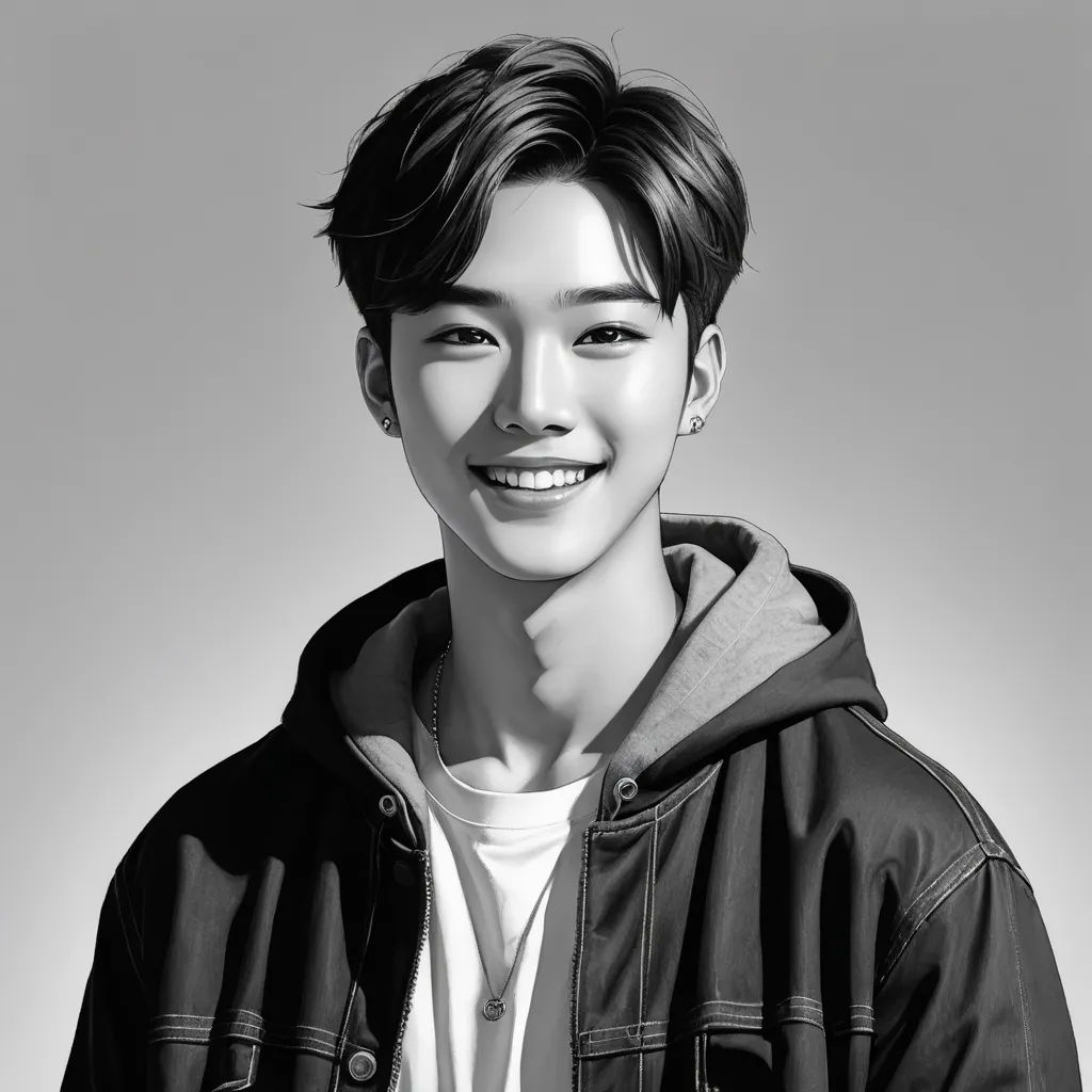 a black and white photo of a young man smiling at the camera with a smile on his face and a hoodie on, hyperrealism, a photorealistic painting, An Gyeon, photorealistic portrait