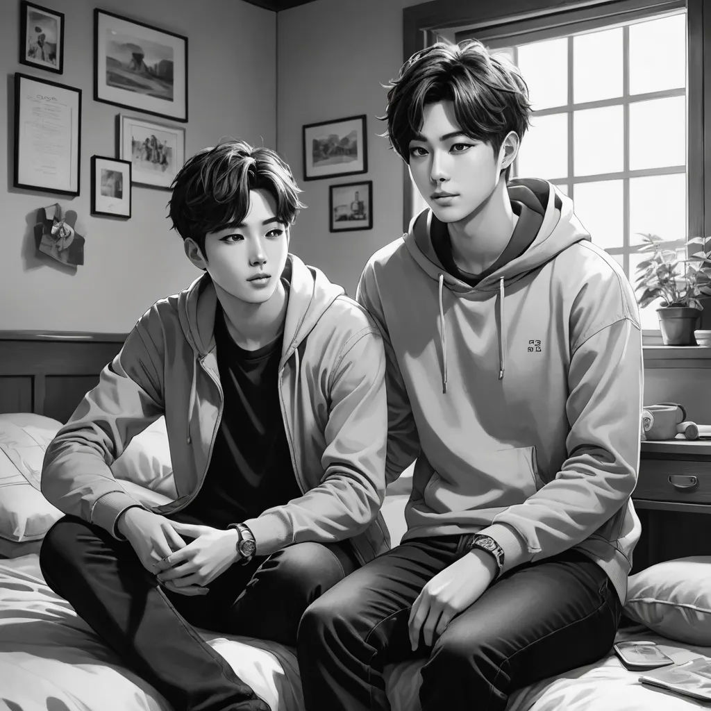 two young men sitting on a bed in a bedroom with a window behind them and a plant in the corner, hyperrealism, a photorealistic painting, Artgerm, photoreal