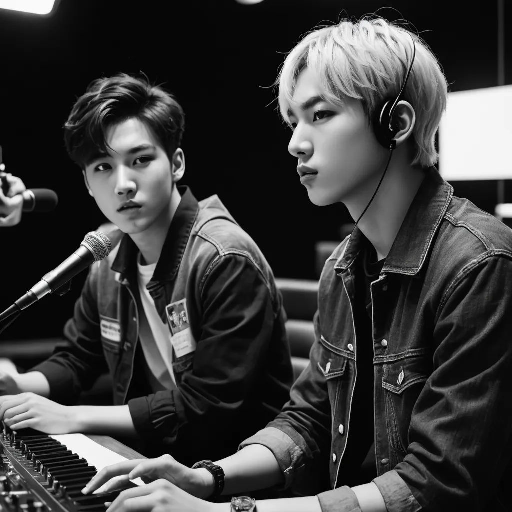 two young men sitting at a keyboard in front of a microphone and microphone stand with a microphone in front of them, mannerism, a photocopy, David Park, movie still