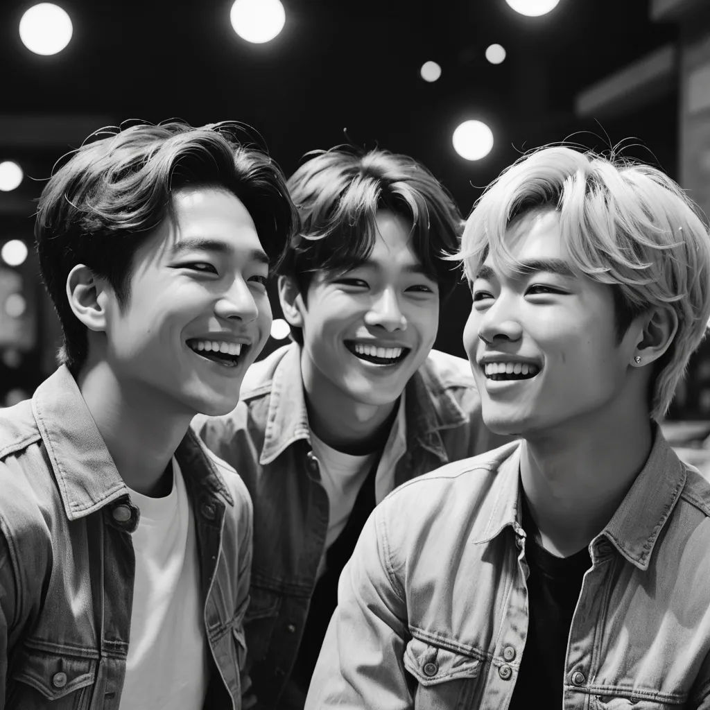 three young men are smiling and posing for a picture together in a black and white photo with lights overhead, rayonism, a photocopy, An Gyeon, black and white
