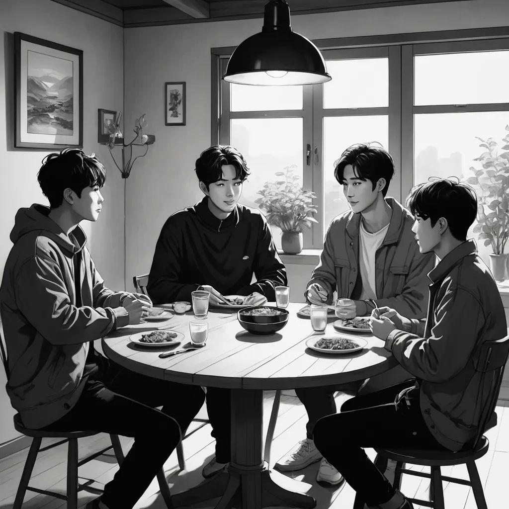 a group of young men sitting around a table eating food together in a room with large windows and a lamp, serial art, a black and white photo, Anne Said, official art