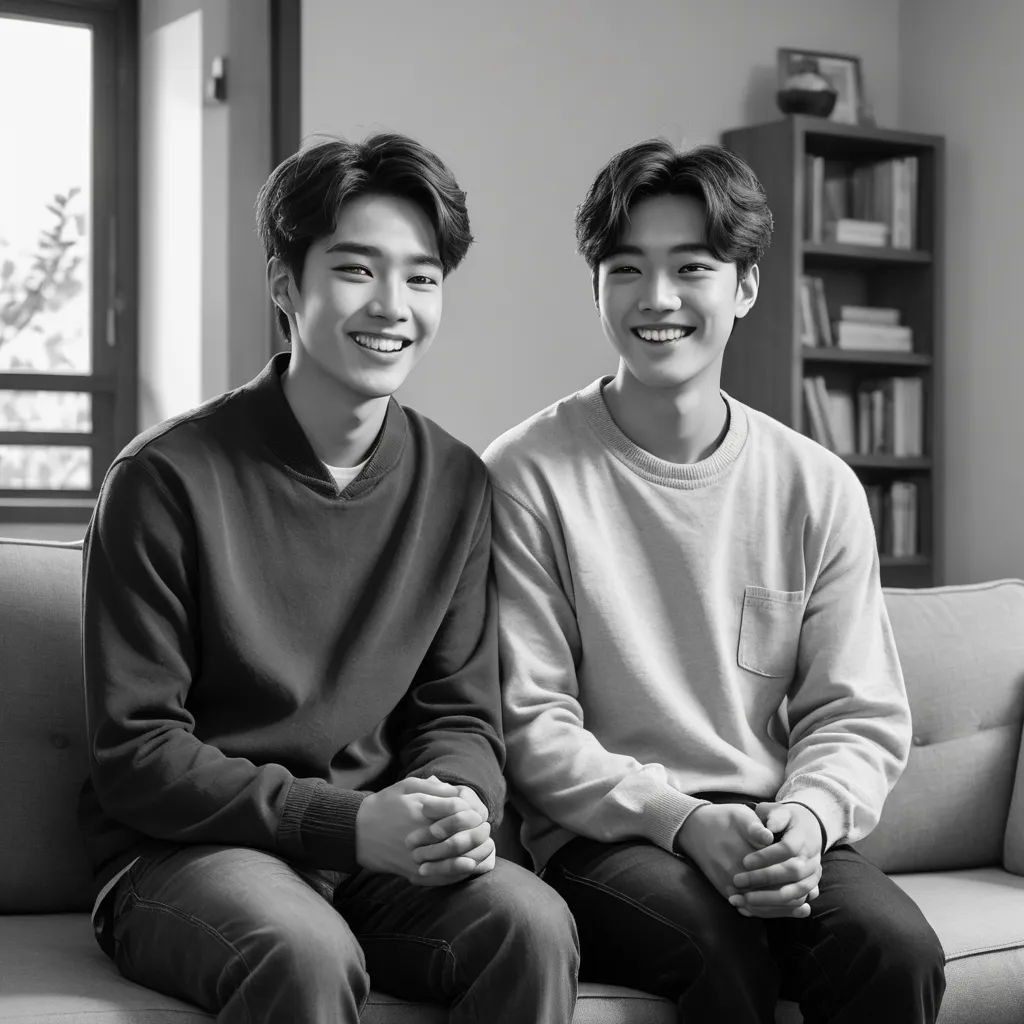 two young men sitting on a couch smiling at the camera, with a bookcase in the background and a window in the background, aestheticism, a photocopy, An Gyeon, black and white